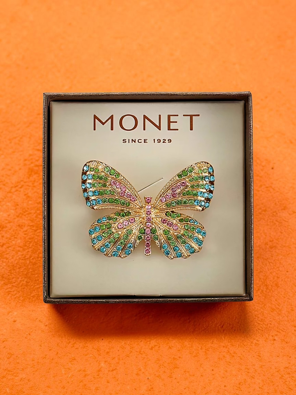 NEW Monet  Butterfly Jewelry Multi Color Crystal Brooch Gold Tone  2 Inches NWT